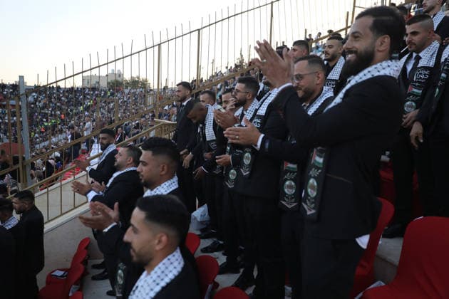 Mass Wedding Brings Together 44 Couples in Dura Brides and grooms take part in a mass wedding ceremony for 44 couples in Dura, near the West Bank city of Hebron, on September 26, 2026. Thousands of family members, residents and friends attended the celebration to mark the weddings. Photo by Mamoun Wazwaz apaimages Hebron West Bank Palestinian Territory 260926_Hebron_MW_1_00(2) Copyright: xapaimagesxMamounxWazwazx xapaimagesx
