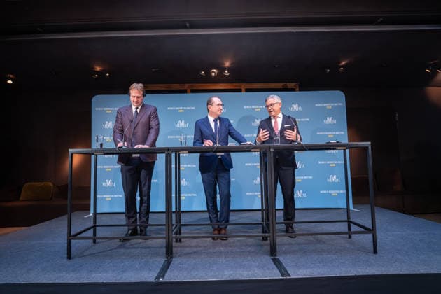 Jim O’Callaghan, Minister of the Interior of the Republic of Ireland and President of the EU Council, Alexander Dobrindt, German Federal Minister of the Interior, Magnus Brunner, EU Commissioner for Home Affairs and Migration (from left) delivering the opening remarks at the 2nd Munich Migration Meeting—a gathering of European ministers on implementing the migrat