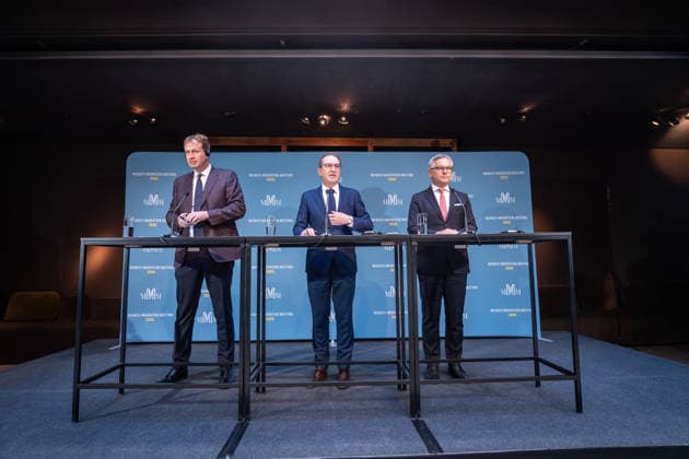 Jim O’Callaghan, Minister of the Interior of the Republic of Ireland and holder of the EU Council Presidency; Alexander Dobrindt, German Federal Minister of the Interior; Magnus Brunner, EU Commissioner for Home Affairs and Migration (from left) delivering the opening remarks at the 2nd Munich Migration Meeting—a gathering of European ministers on implementing th