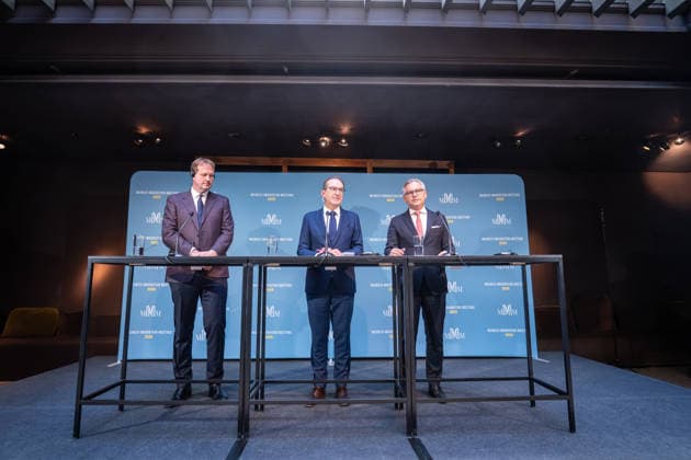 Jim O’Callaghan, Minister for the Interior of the Republic of Ireland and President of the EU Council, Alexander Dobrindt, German Federal Minister of the Interior, Magnus Brunner, EU Commissioner for Home Affairs and Migration (from left) during the opening remarks at the 2nd Munich Migration Meeting—a gathering of European ministers on implementing the migration