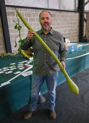 Malvern Autumn Show 2026, Malvern Show Ground , Malvern,. Gloucestershire, UK. Kevin Fortey, winner of the longest Tromboncino and new World Record measuring 1.486 at the Malvern Show Ground, Malvern, . Gloucestershire, UK.at the Malvern Autumn Show 2026 Malvern Show Ground, UK., Credit:Jules Annan Avalon England  Copyright: xJulesxAnnanx xAvalonx 1138424697