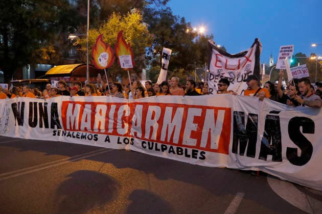 September 26, 2026, Madrid, Community Of Madrid, Spain: Thousands of demonstrators march through central Madrid to protest the recent eviction of Maricarmen Abascal, an 87-year-old disabled woman, and demand urgent housing rights on Saturday, September 26, 2026, in Madrid, Spain. Organized by the Sindicato de Inquilinas (Tenants Union) under the slogan Ni una Maricarmen moÂ¡s (Not one more Maricarmen), the mobilization gathered tens of thousands of people. Protesters marched from Puerta del Sol to the Congress of Deputies, calling for the immediate approval of a government Maricarmen decree to freeze rent prices, ensure indefinite contracts, and prohibit evictions without alternative housing. The event, which included a call for a perm - ZUMAo127 20260926_zep_o127_069 Copyright: xHugoxOrtunox