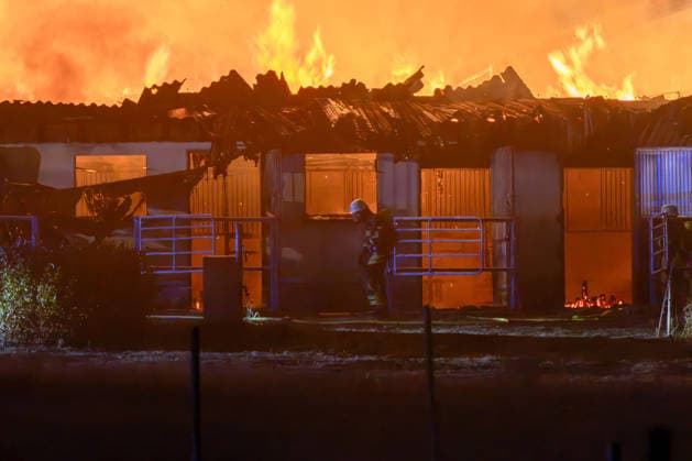 Flames Leaping from Equestrian Facility: Major Fire Near Tübingen-Pfrondorf; Large-Scale Operation on Saturday Evening in Tübingen-Pfrondorf An agric Copyright: x xonw-imagesx xDanielxKesslerx