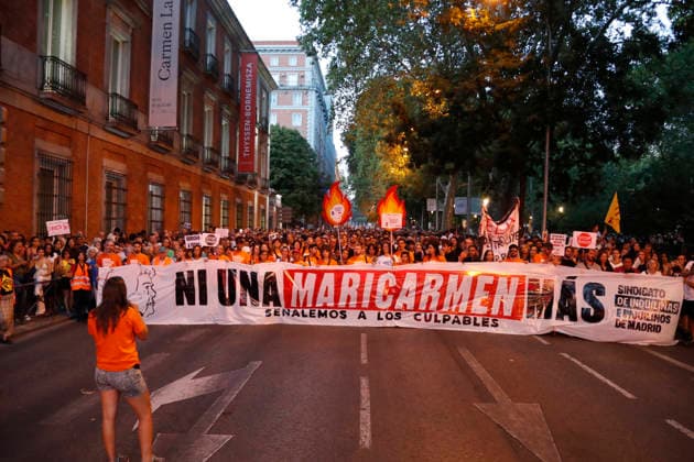 September 26, 2026, Madrid, Community Of Madrid, Spain: Thousands of demonstrators march through central Madrid to protest the recent eviction of Maricarmen Abascal, an 87-year-old disabled woman, and demand urgent housing rights on Saturday, September 26, 2026, in Madrid, Spain. Organized by the Sindicato de Inquilinas (Tenants Union) under the slogan Ni una Maricarmen moÂ¡s (Not one more Maricarmen), the mobilization gathered tens of thousands of people. Protesters marched from Puerta del Sol to the Congress of Deputies, calling for the immediate approval of a government Maricarmen decree to freeze rent prices, ensure indefinite contracts, and prohibit evictions without alternative housing. The event, which included a call for a perm - ZUMAo127 20260926_zep_o127_077 Copyright: xHugoxOrtunox