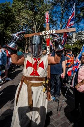 September 26, 2026, London, United Kingdom: (EDITOR S NOTE; Image contains profanity)..An Englishman dressed as a crusader seen during a protest against grooming gangs targeting British girls. The event organised by Together For The Children in collaboration with Football Lads on National Survivors Day stands in solidarity with survivors of child sexual abuse and sexual violence while demanding stronger child protections and legal reforms, as well as a curb on illegal migration. London United Kingdom - ZUMAs197 20260926_aaa_s197_316 Copyright: xLabxMox