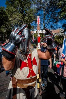 September 26, 2026, London, United Kingdom: (EDITOR S NOTE; Image contains profanity)..An Englishman dressed as a crusader seen during a protest against grooming gangs targeting British girls. The event organised by Together For The Children in collaboration with Football Lads on National Survivors Day stands in solidarity with survivors of child sexual abuse and sexual violence while demanding stronger child protections and legal reforms, as well as a curb on illegal migration. London United Kingdom - ZUMAs197 20260926_aaa_s197_315 Copyright: xLabxMox