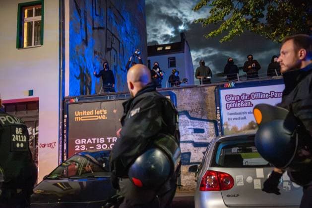 September 26, 2026, Berlin, Germany: BERLIN, GERMANY, SEPTEMBER 26, 2026: Demonstrators march through the Friedrichshain district of Berlin in support of the occupied building known as Hugohaus at GoÂ¼rtelstraoÅ¸e 39, following a police operation that removed the remaining occupants from the property. Around 200 people joined the demonstration, according to the photographer, protesting the police action and calling for the preservation of the occupied building. Police later dispersed the demonstration and detained one person. Berlin Germany - ZUMAq101 20260926_zna_q101_253 Copyright: xJessxFlomx
