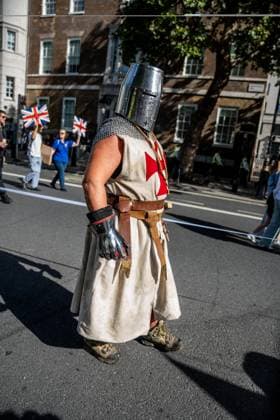 September 26, 2026, London, United Kingdom: An Englishman dressed as a crusader seen during a protest against grooming gangs targeting British girls. The event organised by Together For The Children in collaboration with Football Lads on National Survivors Day stands in solidarity with survivors of child sexual abuse and sexual violence while demanding stronger child protections and legal reforms, as well as a curb on illegal migration. London United Kingdom - ZUMAs197 20260926_aaa_s197_299 Copyright: xLabxMox