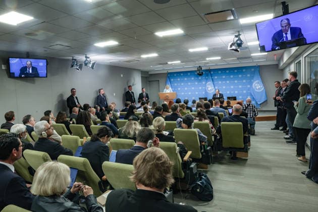 September 26, 2026, New York, New York, United States: Journalists attend a press conference by Russian Foreign Minister SERGEY LAVROV at the UN following his address to the General Debate of UNGA81, as he fields questions on Ukraine, international security and RussiaÃ¢â‚¬â ¢s relations with the United States and Europe. New York United States - ZUMAo116 20260926_znp_o116_088 Copyright: xBiancaxOterox