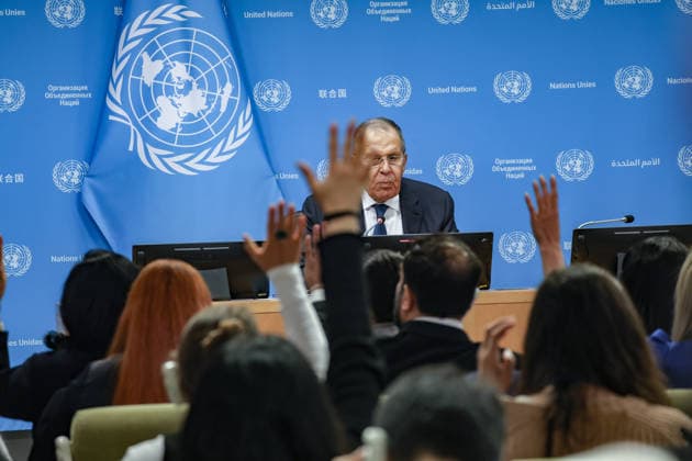 September 26, 2026, New York, New York, United States: Journalists raise their hands to question Russian Foreign Minister SERGEY LAVROV during his press conference at the UN following his address to the General Debate of UNGA81, amid continuing international tensions over RussiaÃ¢â‚¬â ¢s war in Ukraine and European security. New York United States - ZUMAo116 20260926_znp_o116_087 Copyright: xBiancaxOterox