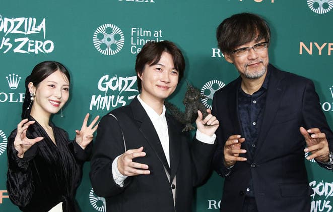 NEW YORK, NY - SEPTEMBER 26: Minami Hamabe, RyÃ»nosuke Kamiki, Takashi Yamazaki at the Godzilla Minus Zero Red Carpet during the 64th New York Film Festival at Alice Tully Hall, Lincoln Center on September 26, 2026 in New York City. Copyright: xRWx