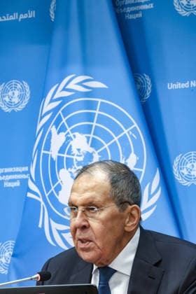 September 26, 2026, New York, New York, United States: Russian Foreign Minister SERGEY LAVROV speaks during a press conference at the UN following his address to the General Debate of the 81st UN General Assembly, taking questions on RussiaÃ¢â‚¬â ¢s foreign policy amid continuing tensions over Ukraine, European security and relations with the United States. New York United States - ZUMAo116 20260926_znp_o116_092 Copyright: xBiancaxOterox