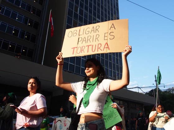 September 26, 2026, Lima, Lima, Peru: Forcing someone to give birth is torture, reads a placard when on International Safe Abortion Day hundreds of women, wearing green scarf, carry out a demonstration demanding legal, safe, and free abortion in Peru, as part of the comprehensive health of girls, adolescents, women, and anyone with the possibility of gestating. Abortion in Peru, a conservative country, is illegal and punishable Lima Peru - ZUMAg240 20260926_zip_g240_017 Copyright: xCarlosxGarciaxGranthonx