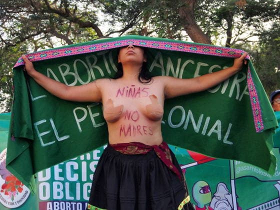September 26, 2026, Lima, Lima, Peru: (EDITORS NOTE: Image contains nudity) Bare-chested women with the slogan Girls, not mothers written on their torsos protest in front of the Ministry of Health when on International Safe Abortion Day hundreds of women, wearing green scarf, carry out a demonstration demanding legal, safe, and free abortion in Peru, as part of the comprehensive health of girls, adolescents, women, and anyone with the possibility of gestating. Abortion in Peru, a conservative country, is illegal and punishable Lima Peru - ZUMAg240 20260926_zip_g240_022 Copyright: xCarlosxGarciaxGranthonx