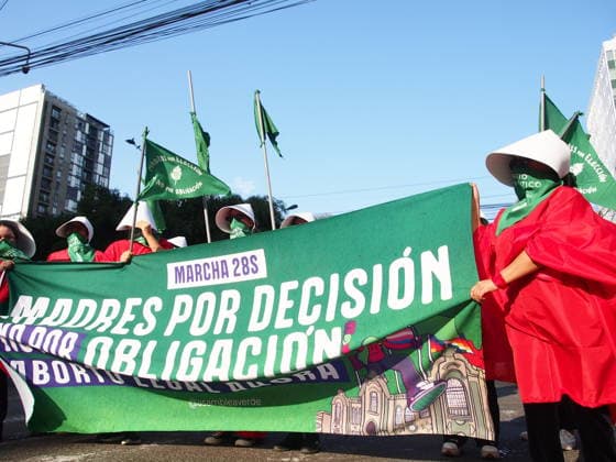 September 26, 2026, Lima, Lima, Peru: Mothers by choice, not by obligation reads a banner when on International Safe Abortion Day hundreds of women, wearing green scarf, carry out a demonstration demanding legal, safe, and free abortion in Peru, as part of the comprehensive health of girls, adolescents, women, and anyone with the possibility of gestating. Abortion in Peru, a conservative country, is illegal and punishable Lima Peru - ZUMAg240 20260926_zip_g240_016 Copyright: xCarlosxGarciaxGranthonx