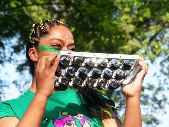 September 26, 2026, Lima, Lima, Peru: Woman playing a tambourine when on International Safe Abortion Day hundreds of women, wearing green scarf, carry out a demonstration demanding legal, safe, and free abortion in Peru, as part of the comprehensive health of girls, adolescents, women, and anyone with the possibility of gestating. Abortion in Peru, a conservative country, is illegal and punishable Lima Peru - ZUMAg240 20260926_zip_g240_006 Copyright: xCarlosxGarciaxGranthonx