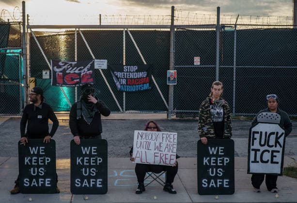 September 26, 2026, Broadview, Illinois, USA: Activists hold shields that read We Keep Us Safe during a vigil in front of the Broadview ICE Detention Center, commemorating one year since Operation Midway Blitz in Chicagoland Broadview USA - ZUMAr170 20260926_znp_r170_005 Copyright: xChrisxRihax