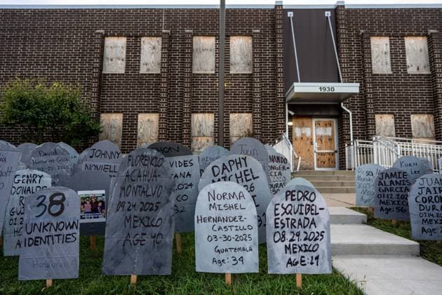 September 26, 2026, Broadview, Illinois, USA: One year after Midway Blitz, cardboard gravestones planted in the lawn outside the ICE Detention Facility in Broadview bearing the names of those killed in ICE operations around the country Broadview USA - ZUMAr170 20260926_znp_r170_008 Copyright: xChrisxRihax