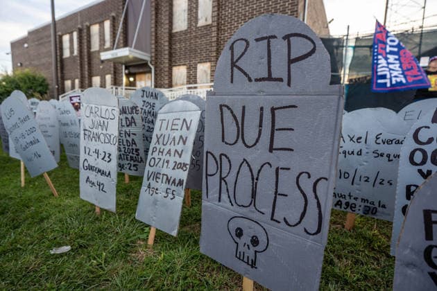 September 26, 2026, Broadview, Illinois, USA: One year after Midway Blitz, cardboard gravestones planted in the lawn outside the ICE Detention Facility in Broadview bearing the names of those killed in ICE operations around the country. One reads RIP Due Process Broadview USA - ZUMAr170 20260926_znp_r170_009 Copyright: xChrisxRihax