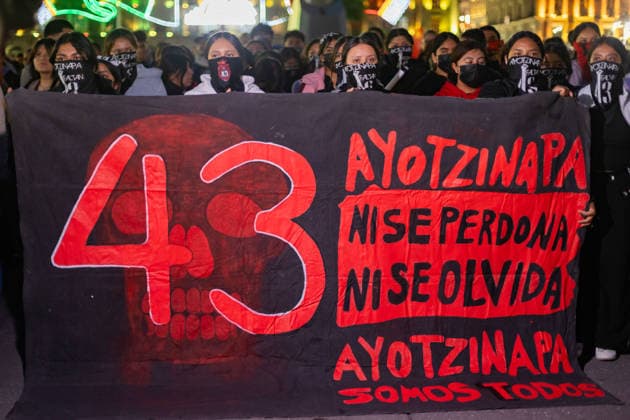 September 26, 2026, Mexico City, Mexico: Families of the 43 students from the Raul Isidro Burgos Rural Teachers College of Ayotzinapa, students and social organizations took part in a march from the Angel of Independence to the Zocalo in Mexico City, marking 12 years since the students disappeared in Iguala, Guerrero. Demonstrators demanded truth and justice. Mexico City Mexico - ZUMAl178 20260926_znp_l178_074 Copyright: xCristianxLeyvax