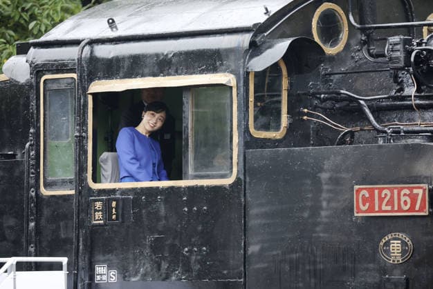 Princess Kako in Tottori Pref. Japanese Princess Kako rides a steam locomotive in Wakasa in Tottori Prefecture, western Japan, on Sept. 26, 2026.  A14AA0005628853P