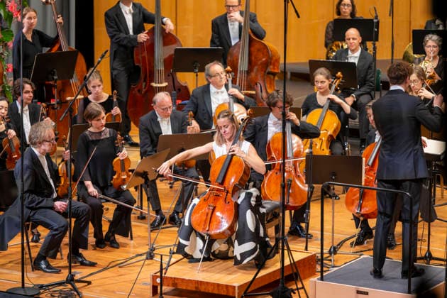 September 26, 2026, International Classical Music Festival Festival of Nations 2026, at the Kurhaus in Bad Wörishofen, Unterallgäu; opening concert featuring Sol Gabetta (center), cello, with the Deutsche Kammerphilharmonie Bremen and conductor Aurel Dawidiuk, September 26, 2026, Bad Wörishofen Classical Music Festival September 26, 2026, Bad Wörishofen Classical Music Festival