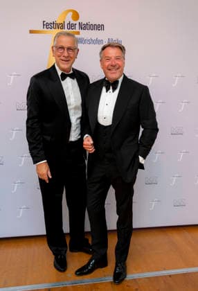 September 26, 2026, International Classical Music Festival Festival of Nations 2026, at the Kurhaus in Bad Wörishofen, Unterallgäu; prior to the opening concert featuring Sol Gabetta, VIP reception for guests of honor; singer Patrick Lindner (right) with her husband Peter Schäfer (left), September 26, 2026, Bad Wörishofen Classical Music Festival, September 26, 2026, Bad Wörishofen Classical Music Festi