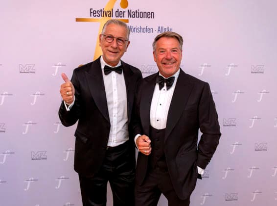 September 26, 2026, International Classical Music Festival Festival of Nations 2026, at the Kurhaus in Bad Wörishofen, Unterallgäu; prior to the opening concert featuring Sol Gabetta, VIP reception for guests of honor; singer Patrick Lindner (right) with her husband Peter Schäfer (left), September 26, 2026, Bad Wörishofen Classical Music Festival, September 26, 2026, Bad Wörishofen Classical Music Festi