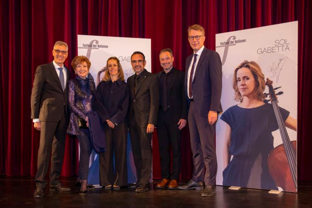 September 26, 2026, International Classical Music Festival Festival of Nations 2026, at the Kurhaus in Bad Wörishofen, Unterallgäu. Following the opening concert by cellist Sol Gabetta, a photo opportunity (from left) with Artistic Director Winfrie