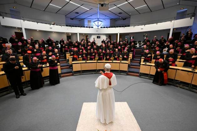 POPE LEO XIV MEETS BISHOPS OF FRANCE IN LOURDES France, Lourdes, Vatican, 2026 9 27 Pope Leo XIV meets with the Bishops of the French Bishops Conference at the Sainte-Bernadette hemicycle of the Sanctuary of Our Lady of Lourdes. EDITORIAL USE ONLY - NO BOOKS Copyright: xVATICANxMEDIA xCatholicxPressxPhotox