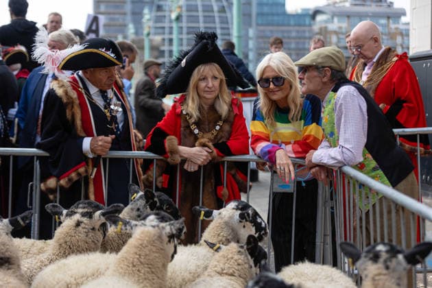 Woolmens Sheep Drive and Livery Fair 2026 on Southwark Bridge, London, UK 27 September 2026 TV presenter Gabby Roslin joins Dame Susan Langley, Lady Mayor of the City of London, Master Woolman David Hopkins and farmer David Seamark during the Woolmens Sheep Drive across Southwark Bridge, London, UK, on 27 September 2026. The drive was led by veteran broadcaster Gloria Unniford OBE, who became a Freeman of the City of London earlier this year, led the annual drive to mark 80 years in entertainment., Credit:PETE SPELLER Avalon  Copyright: xPETExSPELLERx xAvalonx 1138620822