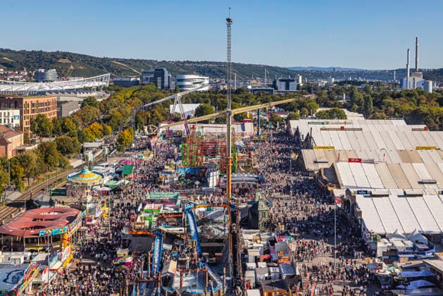 Festivities at the Cannstatter Waden. According to the organizers, the Cannstatter Volksfest is one of the most beautiful and largest folk festivals in the world. Around three million guests are expected again through October 11. September 27, 2026, Stuttgart, Baden-Württemberg, Germany