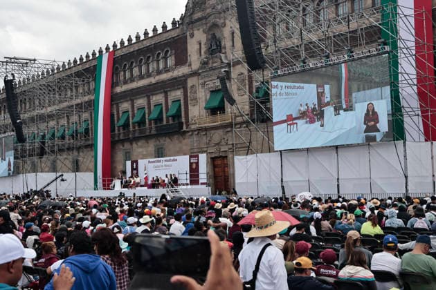 September 27, 2026, Mexico City, Cdmx, Mexico: The President of Mexico, CLAUDIA SHEIMBAUM closes before thousands of supporters in the Plaza de la ConstitucioÂ³n her tour Honestity and Results that went through the 32 States of the Republic; during the speech she talked about the progress and benefits that her government has had towards the population, first attending vulnerable groups with economic aid, improvements in the health sector, advances in technology, improvements in transport, increase in foreign investments, education, reduction of violence and homicides at the national level, greater security, all this with a humanistic approach. Within the speech he emphasized social justice, the democracy that prevails in the country, fre - ZUMAp204 20260927_zip_p204_014 Copyright: xJosuexPerezx