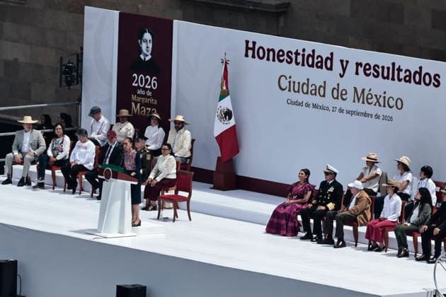 September 27, 2026, Mexico City, Cdmx, Mexico: The President of Mexico, CLAUDIA SHEIMBAUM closes before thousands of supporters in the Plaza de la ConstitucioÂ³n her tour Honestity and Results that went through the 32 States of the Republic; during the speech she talked about the progress and benefits that her government has had towards the population, first attending vulnerable groups with economic aid, improvements in the health sector, advances in technology, improvements in transport, increase in foreign investments, education, reduction of violence and homicides at the national level, greater security, all this with a humanistic approach. Within the speech he emphasized social justice, the democracy that prevails in the country, fre - ZUMAp204 20260927_zip_p204_043 Copyright: xJosuexPerezx