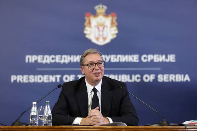 (260927) -- BELGRADE, Sept. 27, 2026 -- Serbian president Aleksandar Vucic speaks during a press conference in Belgrade, Serbia, Sept. 27, 2026. Aleksandar Vucic signed and submitted his resignation on Sunday, stepping down as president. (Photo by Xinhua) SERBIA-BELGRADE-VUCIC-RESIGNATION PredragxMilosavljevic 