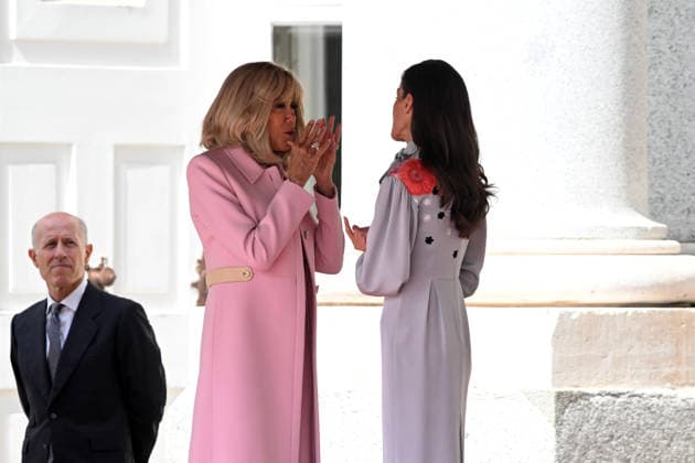 The King and Queen welcome with honors the President of the French Republic, Emmanuel Macron, and the First Lady. The First Lady, Brigitte Macron, the President of the French Republic, and Queen Letizia during the reception with honors at the Royal Palace on September 29, 2026, in Madrid, Spain. This state visit will serve to highlight and strengthen the ties and bilateral relations between the two countries. ROYALTY PRESIDENCY HONORS PRESIDENT KING QUEEN ROYAL PALACE José Madrid Madrid Spain  Copyright: xJosÃ xOlivax 7808079