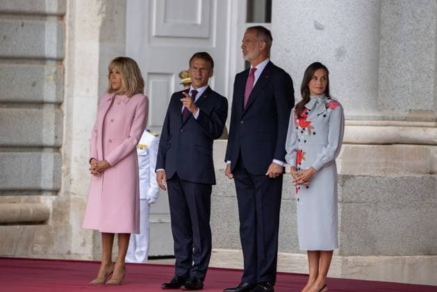 September 29, 2026, Madrid, Spain: From left to right: First Lady Brigitte Macron, President of the French Republic Emmanuel Macron, King Felipe VI, and Queen Letizia during the official reception with military honors for the President of the French Republic, Emmanuel Macron, and First Lady Brigitte Macron at the Royal Palace of Madrid. Madrid Spain - ZUMAs197 20260929_aaa_s197_228 Copyright: xDavidxCanalesx