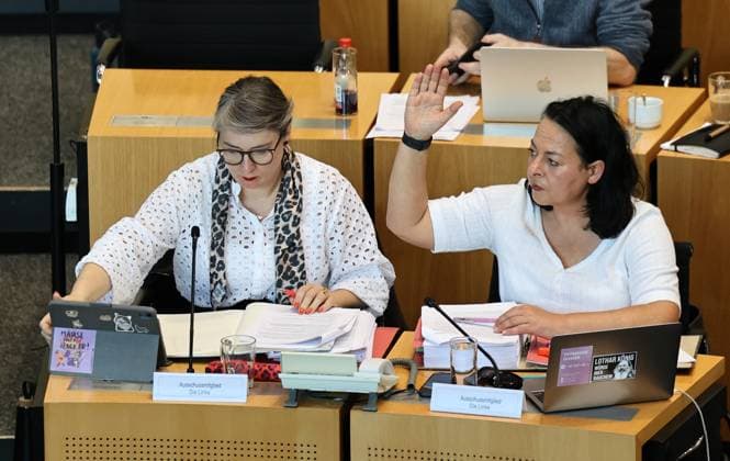 Thuringian State Parliament, Judiciary Committee, September 30, 2026, Erfurt, Thuringian State Parliament, Justice Committee, Oral Hearing on the Motion by The Left Party to Initiate Proceedings to Ban the AfD. Pictured: Ulrike Grosse Roethig (The Left Party) and Katharina Koenig Preuss (The Left Party)