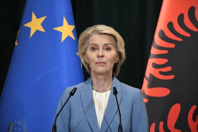 European Commission President Ursula von der Leyen in Tirana TIRANA, ALBANIA - SEPTEMBER 30: European Commission President Ursula von der Leyen and Albanian Prime Minister Edi Rama (not seen) hold a joint press conference during von der Leyen s visit to Tirana as part of her Western Balkans tour in Tirana, Albania, on September 30, 2026. Olsi Shehu Anadolu Tirana Albania. Editorial use only. Please get in touch for any other usage.  Copyright: x2026xAnadoluxOlsixShehux