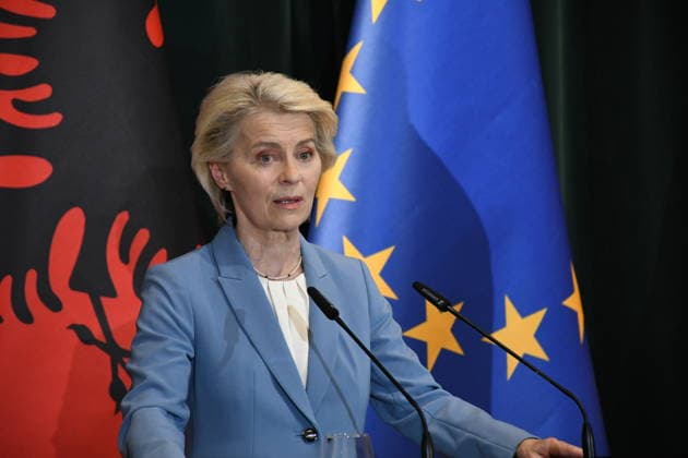 European Commission President Ursula von der Leyen in Tirana TIRANA, ALBANIA - SEPTEMBER 30: European Commission President Ursula von der Leyen and Albanian Prime Minister Edi Rama (not seen) hold a joint press conference during von der Leyen s visit to Tirana as part of her Western Balkans tour in Tirana, Albania, on September 30, 2026. Olsi Shehu Anadolu Tirana Albania. Editorial use only. Please get in touch for any other usage.  Copyright: x2026xAnadoluxOlsixShehux