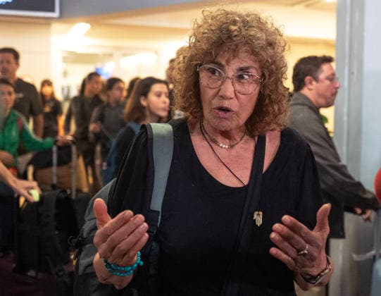 Israeli passenger Naomi speaks to the press after experiencing an attempted attack aboard a Fly Dubai flight at Ben Gurion International Airport in Lod, Israel on Wednesday, September 30, 2026. The Fly Dubai jet liner was transporting 180 passengers when a co-pilot, who was subdued by passengers, attempted to crash the plane as it approached Tel Aviv.  ISR20260608100 JimxHollander