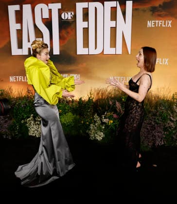 Florence Pugh and Zoe Lister Jones arrive on the red carpet at the Netflix East Of Eden New York premiere at The Plaza Hotel on Wednesday, September 30, 2026 in New York City.  NYP202609303002 JOHNxANGELILLO