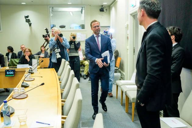 Another hearing on Jeffrey Epstein’s network in Norway, Oslo, October 1, 2026: Nikolai Astrup and Dag Inge Ulstein during the Storting’s Control and Constitutional Committee’s public hearing on practices at the Ministry of Foreign Affairs and Jeffrey Epstein’s network in Norway. Photo Cornelius Poppe NTB Oslo Norway in otStzF32I EDITORIAL USE ONLY Ref BNC POLi otStzF32I jpg  Copyright: xCorneliusxPoppex xNTBx