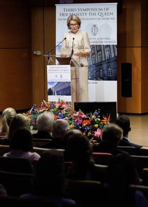 Queen Mathilde of Belgium delivers a speech at a visit to the third Her Majesty the Queen s Symposium , entitled AI in the healthcare sector , organized by the Royal Academies of Medicine of Belgium in the Palace of the Academies in Brussels, Thursday 1 October 2026.  BENOITxDOPPAGNE 188423943