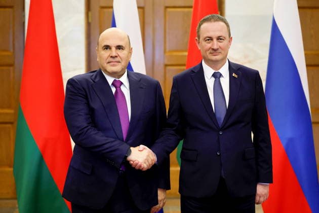 BELARUS, MINSK - OCTOBER 1, 2026: Russia s Prime Minister Mikhail Mishustin (L) and his Belarusian counterpart Alexandr Turchin shake hands ahead of a meeting of the Council of Ministers of the Union State of Russia and Belarus at the House of the Belarusian Government Minsk Belarus - ZUMAt113 20261001_zaa_t113_067 Copyright: xDmitryxAstakhovx