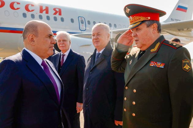 BELARUS, MINSK - OCTOBER 1, 2026: Russia s Prime Minister Mikhail Mishustin (L) is welcomed at Minsk National Airport Minsk Belarus - ZUMAt113 20261001_zaa_t113_119 Copyright: xDmitryxAstakhovx