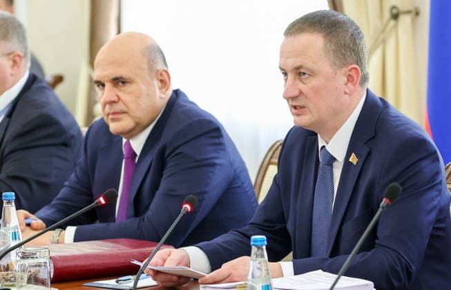 BELARUS, MINSK - OCTOBER 1, 2026: Russia s Prime Minister Mikhail Mishustin (L) and his Belarusian counterpart Alexandr Turchin attend a meeting of the Council of Ministers of the Union State of Russia and Belarus at the House of the Belarusian Government Minsk Belarus - ZUMAt113 20261001_zaa_t113_137 Copyright: xAlexanderxRyuminx