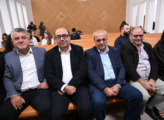 L-R: Arab lawmakers, Yousef Jabareen, MK Sami Abu Shehadeh, Chairman of the Balad Arab Party, Ahmad Tibi, and Israeli Ofer Cassif, attends a session in the High Court to see if the Arab Parties will have the right to run in the upcoming general elections on Thursday, October 1, 2026. The High Court will decide whether to appeal the Central Elections Committee s decision to ban all Arab Parties from running in the Israeli election.  JER2026100119 DEBBIExHILL