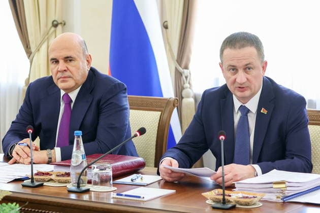 BELARUS, MINSK - OCTOBER 1, 2026: Belarus Prime Minister Alexandr Turchin (R) and Russia s Prime Minister Mikhail Mishustin attend a meeting of the Council of Ministers of the Union State of Russia and Belarus at the House of the Belarusian Government. Alexander Ryumin TASS 98617635