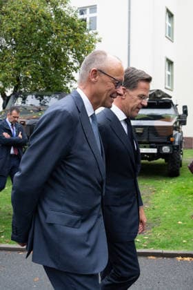 Visit by the German-Dutch Corps with Chancellor Merz: Chancellor Friedrich Merz and NATO Secretary General Mark Ruette together after the military honors rendered by the 1st German-Dutch Corps, Münster, October 1, 2026, Münster, North Rhine-Westphalia, Germany